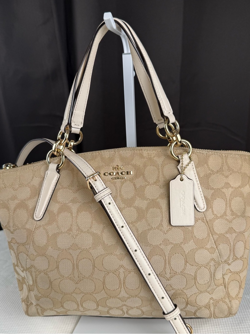 Coach Beige Signature Canvas Satchel with Cream Trim